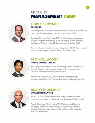 ,,,--- .........
...
......
,,,---- ...............
......
MEET OUR
MANAGEMENT TEAM
COREY SCHWARTZ
PRESIDENT
•
Built Programmer's Warehouse in 1987 into a worldwide publisher and
mail order distributor of programming tools. Exited 1995.
Founded Serinova Financial in 2003 and the Serinova Mortgage
Income Fund and was ranked as the 4th largest private lender in
the State of Arizona by the AZ Business Journal. Exited 2010.
Founded three real estate funds and acquired $60MM of commercial
assets as the managing partner. Exited December 2014.
MICHAEL JACOBY
CHIEF MARKETING OFFICER
Managing partner of JKP, an LA-based imaging and color science
firm that pioneers technological advances for companies like
Disney, Samsung Electronics, and Universal.
Founder at Ambature, a Cupertino-based nanotechnology
company developing high-temperature superconducting materials.
SIDNEY FINGERHUT
VP INVESTOR RELATIONS
As the CEO of Fingerhut Enterprises, Sid guided the direct-to­
consumer marketing conglomerate to an eventual $1.5 billion sale.
Prior to Fingerhut, Sid served as VP of Business and Strategic
Strategies for Nynex Consulting Group, overseeing sales and
engineering teams, new business development, and corporate
accounts worldwide.
 
