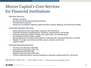 37
© Mercer Capital 2015.
Any reproduction of this material must reference Mercer Capital and its website URL: www.mercercapital.com
Mercer Capital’s Core Services
for Financial Institutions
»  Advisory Services
§  Strategic consulting
§  Buy-side and sell-side financial advisory services
§  Fairness/Solvency opinions
§  Advisory and consultation regarding capital transactions (raising, deploying, and restructuring capital)
»  Corporate Valuation Services
§  Equity transactions (share repurchases, issuances, and conversions)
§  Corporate transactions (recapitalizations, divestitures, reorganizations, and the like)
§  Employee benefit plans (ESOPs, KSOPs, stock option plans, and restricted stock)
§  Tax compliance (income, estate, and gift)
§  Buy/sell agreement consulting and the valuation of securities with contractual restrictions on transfer
§  Valuation of complex securities (convertibles, options, warrants, and the like)
§  Litigation support
»  Financial Reporting Services
§  Purchase price allocations (ASC 805)
§  Stock-based compensation (ASC 718)
§  Goodwill impairment (ASC 350)
§  Illiquid financial instruments (ASC 820)
§  Portfolio investments held by business development companies, private equity firms, and the like
MERCER CAPITAL | 901.685.2120 | www.mercercapital.com
 