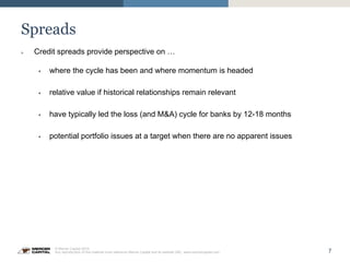 7
© Mercer Capital 2015.
Any reproduction of this material must reference Mercer Capital and its website URL: www.mercercapital.com
Spreads
»  Credit spreads provide perspective on …
§  where the cycle has been and where momentum is headed
§  relative value if historical relationships remain relevant
§  have typically led the loss (and M&A) cycle for banks by 12-18 months
§  potential portfolio issues at a target when there are no apparent issues
 