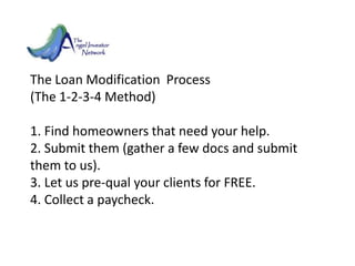 The Loan Modification  Process   (The 1-2-3-4 Method)1. Find homeowners that need your help.2. Submit them (gather a few d...