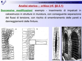 Le strutture esistenti - Diagnosi, prognosi, interventi 
Analisi storico − critica (rif. §8.5.1)
Successive modificazioni:  esempio  -  inserimento  di  impalcati  in 
calcestruzzo in strutture in muratura, con conseguente separazione 
dei flussi di tensione,  con rischio  di  smembramento delle pareti e 
danneggiamenti delle finiture.
22
 