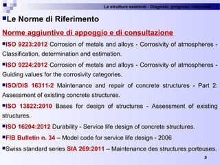 Le strutture esistenti - Diagnosi, prognosi, interventi 
3
Le Norme di Riferimento
Norme aggiuntive di appoggio e di consultazione
ISO 9223:2012 Corrosion of metals and alloys - Corrosivity of atmospheres - 
Classification, determination and estimation.
ISO 9224:2012 Corrosion of metals and alloys - Corrosivity of atmospheres - 
Guiding values for the corrosivity categories.
ISO/DIS 16311-2 Maintenance  and  repair  of  concrete  structures  -  Part  2: 
Assessment of existing concrete structures.
ISO 13822:2010 Bases  for  design  of  structures  -  Assessment  of  existing 
structures.
ISO 16204:2012 Durability - Service life design of concrete structures.
FIB Bulletin n. 34 – Model code for service life design - 2006
Swiss standard series SIA 269:2011 – Maintenance des structures porteuses.
 