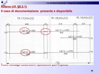 Le strutture esistenti - Diagnosi, prognosi, interventi 
Rilievo (rif. §8.5.1)
Il caso di documentazione presente e disponibile
1999: dettagli costruttivi «pessimi» per l’epoca
39
 