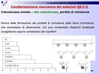Le strutture esistenti - Diagnosi, prognosi, interventi 
66
Caratterizzazione meccanica dei materiali (§8.5.3)
Calcestruzzo armato – lato calcestruzzo, perdita di resistenza
Deriva  dalla  formazione  dei  prodotti  di  corrosione  delle  barre  d’armatura, 
che  aumentano  di  dimensione.  Ciò  può  comportare  distacchi  localizzati 
(scagliature) oppure complessivi dei copriferri
 