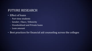 FUTURE RESEARCH
• Effect of loans
– Part-time students
– Gender / Race / Ethnicity
– Unsubsidized and Private loans
– Loan amount
• Best practices for financial aid counseling across the colleges
 