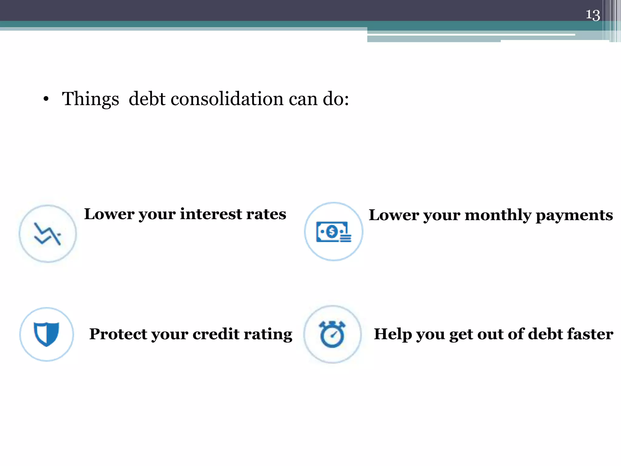 • Things debt consolidation can do: 
13 
Lower your interest rates Lower your monthly payments 
Protect your credit rating Help you get out of debt faster 
 