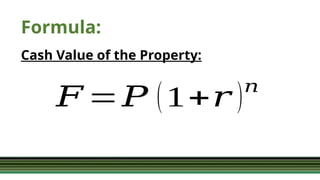 Formula:
Cash Value of the Property:
𝐹 =𝑃 (1+𝑟 )𝑛
 