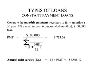 TYPES OF LOANS
CONSTANT PAYMENT LOANS
Compute the monthly payment necessary to fully amortize a
30 year, 8% annual interest (compounded monthly), $100,000
loan.
PMT =

$100,000
=
360
1
∑ 0.08 t
t = (1 +
1
)
12

Annual debt service (DS)

$ 733.76

= 12 x PMT = $8,805.12

 