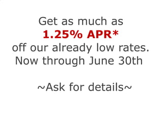 Get as much as 1.25% APR* off our already low rates. Now through June 30th    ~Ask for details~ Some restrictions may apply -All vehicles 2004 or newer-  $29.20 per $1,000 at 3.25% APR* *Annual Percentage Rate 