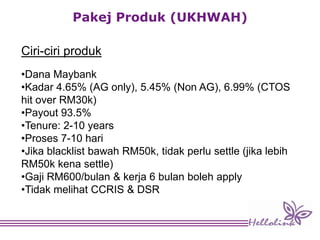 Pakej Produk (UKHWAH)
Ciri-ciri produk
•Dana Maybank
•Kadar 4.65% (AG only), 5.45% (Non AG), 6.99% (CTOS
hit over RM30k)
•Payout 93.5%
•Tenure: 2-10 years
•Proses 7-10 hari
•Jika blacklist bawah RM50k, tidak perlu settle (jika lebih
RM50k kena settle)
•Gaji RM600/bulan & kerja 6 bulan boleh apply
•Tidak melihat CCRIS & DSR
 