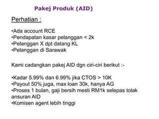 Pakej Produk (AID)
Perhatian :
•Ada account RCE
•Pendapatan kasar pelanggan < 2k
•Pelanggan X dpt datang KL
•Pelanggan di Sarawak
Kami cadangkan pakej AID dgn ciri-ciri berikut :-
•Kadar 5.99% dan 6.99% jika CTOS > 10K
•Payout 50% juga, max loan 30k, hanya AG
•Proses 1 bulan, gaji bersih mesti RM1k selepas tolak
ansuran AID
•Komisen agent lebih tinggi
 