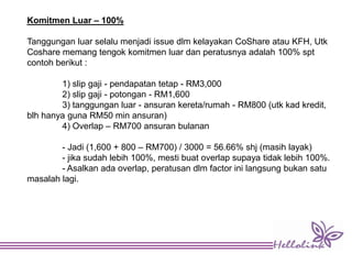 Komitmen Luar – 100%
Tanggungan luar selalu menjadi issue dlm kelayakan CoShare atau KFH, Utk
Coshare memang tengok komitmen luar dan peratusnya adalah 100% spt
contoh berikut :
1) slip gaji - pendapatan tetap - RM3,000
2) slip gaji - potongan - RM1,600
3) tanggungan luar - ansuran kereta/rumah - RM800 (utk kad kredit,
blh hanya guna RM50 min ansuran)
4) Overlap – RM700 ansuran bulanan
- Jadi (1,600 + 800 – RM700) / 3000 = 56.66% shj (masih layak)
- jika sudah lebih 100%, mesti buat overlap supaya tidak lebih 100%.
- Asalkan ada overlap, peratusan dlm factor ini langsung bukan satu
masalah lagi.
 