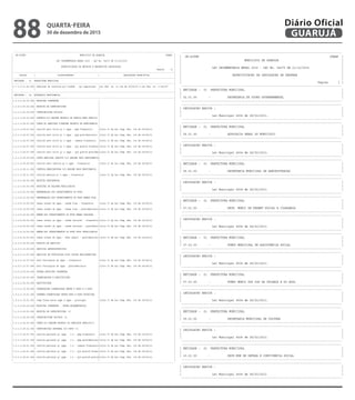 ----------------------------------------------------------------------------------------------------------------------------------
| CN-SIFPM MUNICIPIO DE GUARUJA CONAM |
| |
| LEI ORCAMENTARIA ANUAL 2016 - LEI No. 04275 DE 21/12/2015 |
| |
| ESPECIFICACAO DA RECEITA E RESPECTIVA LEGISLACAO |
| Pagina 11 |
|----------------------------------------------------------------------------------------------------------------------------------|
| CODIGO | DISCRIMINACAO | LEGISLACAO ESPECIFICA |
|----------------------------------------------------------------------------------------------------------------------------------|
| ENTIDADE : 01 PREFEITURA MUNICIPAL |
|----------------------------------------------------------------------------------------------------------------------------------|
|1.7.2.2.01.04.000| deducoes de receitas p/o fundeb - ipi exportacao |Lei Fed. no. 11.194 de 20/06/07 e Lei Mun. no. 2.545/97 |
| | | |
|----------------------------------------------------------------------------------------------------------------------------------|
| ENTIDADE : 04 AUTARQUIA PREVIDENCIA |
|----------------------------------------------------------------------------------------------------------------------------------|
|1.0.0.0.00.00.000| RECEITAS CORRENTES | |
| | | |
|1.2.0.0.00.00.000| RECEITA DE CONTRIBUICOES | |
| | | |
|1.2.1.0.00.00.000| CONTRIBUICOES SOCIAIS | |
| | | |
|1.2.1.0.29.00.000| CONTRIB.P/O REGIME PROPRIO DE PREVID.SERV.PUBLICO | |
| | | |
|1.2.1.0.29.07.000| CONTR.DO SERVIDOR P/REGIME PROPRIO DE PREVIDENCIA | |
| | | |
|1.2.1.0.29.07.001| contrib serv ativo p/ o rpps - pmg financeiro |Livro II da Lei Comp. Mun. 135 de 04/04/12. |
| | | |
|1.2.1.0.29.07.002| contrib serv ativo p/ o rpps - pmg previdenciario |Livro II da Lei Comp. Mun. 135 de 04/04/12. |
| | | |
|1.2.1.0.29.07.003| contrib serv ativo p/ o rpps - camara financeiro |Livro II da Lei Comp. Mun. 135 de 04/04/12. |
| | | |
|1.2.1.0.29.07.005| contrib serv ativo p/ o rpps - gja previd financei|Livro II da Lei Comp. Mun. 135 de 04/04/12. |
| | | |
|1.2.1.0.29.07.006| contrib serv ativo p/ o rpps - gja previd previden|Livro II da Lei Comp. Mun. 135 de 04/04/12. |
| | | |
|1.2.1.0.29.09.000| CONTR.SERVIDOR INATIVO P/O REGIME PROP.PREVIDENCIA| |
| | | |
|1.2.1.0.29.09.001| contrib serv inativo p/ o rpps - financeiro |Livro II da Lei Comp. Mun. 135 de 04/04/12. |
| | | |
|1.2.1.0.29.11.000| CONTRIB.PENSIONISTAS P/O REGIME PROP.PREVIDENCIA | |
| | | |
|1.2.1.0.29.11.001| contrib pension p/ o rpps - financeiro |Livro II da Lei Comp. Mun. 135 de 04/04/12. |
| | | |
|1.3.0.0.00.00.000| RECEITA PATRIMONIAL | |
| | | |
|1.3.2.0.00.00.000| RECEITAS DE VALORES MOBILIARIOS | |
| | | |
|1.3.2.8.00.00.000| REMUNERACAO DOS INVESTIMENTOS DO RPPS | |
| | | |
|1.3.2.8.10.00.000| REMUNERACAO DOS INVESTIMENTOS DO RPPS RENDA FIXA | |
| | | |
|1.3.2.8.10.00.001| remun invest do rpps - renda fixa - financeiro |Livro II da Lei Comp. Mun. 135 de 04/04/12. |
| | | |
|1.3.2.8.10.00.002| remun invest do rpps - renda fixa - previdenciario|Livro II da Lei Comp. Mun. 135 de 04/04/12. |
| | | |
|1.3.2.8.20.00.000| REMUN.DOS INVESTIMENTOS DO RPPS RENDA VARIAVEL | |
| | | |
|1.3.2.8.20.00.001| remun invest do rpps - renda variavel - financeiro|Livro II da Lei Comp. Mun. 135 de 04/04/12. |
| | | |
|1.3.2.8.20.00.002| remun invest do rpps - renda variavel - previdenci|Livro II da Lei Comp. Mun. 135 de 04/04/12. |
| | | |
|1.3.2.8.30.00.000| REMUN.DOS INVESTIMENTOS DO RPPS FDOS IMOBILIARIOS | |
| | | |
|1.3.2.8.30.00.001| remun invest do rpps - fdos imobil - previdenciari|Livro II da Lei Comp. Mun. 135 de 04/04/12. |
| | | |
|1.6.0.0.00.00.000| RECEITA DE SERVICOS | |
| | | |
|1.6.0.0.13.00.000| SERVICOS ADMINISTRATIVOS | |
| | | |
|1.6.0.0.13.07.000| SERVICOS DE FOTOCOPIAS E/OU COPIAS HELIOGRAFICAS | |
| | | |
|1.6.0.0.13.07.003| serv fotocopias do rpps - financeiro |Livro II da Lei Comp. Mun. 135 de 04/04/12. |
| | | |
|1.6.0.0.13.07.004| serv fotocopias do rpps - previdenciario |Livro II da Lei Comp. Mun. 135 de 04/04/12. |
| | | |
|1.9.0.0.00.00.000| OUTRAS RECEITAS CORRENTES | |
| | | |
|1.9.2.0.00.00.000| INDENIZACOES E RESTITUICOES | |
| | | |
|1.9.2.2.00.00.000| RESTITUICOES | |
| | | |
|1.9.2.2.10.00.000| COMPESACOES FINANCEIRAS ENTRE O RGPS E O RPPS | |
| | | |
|1.9.2.2.10.01.000| COMPENS.FINANCEIRAS ENTRE RGPS E RPPS-PRINCIPAL | |
| | | |
|1.9.2.2.10.01.001| comp finan entre rgps e rpps - principal |Livro II da Lei Comp. Mun. 135 de 04/04/12. |
| | | |
|7.0.0.0.00.00.000| RECEITAS CORRENTES - INTRA-ORCAMENTARIAS | |
| | | |
|7.2.0.0.00.00.000| RECEITA DE CONTRIBUICOES (I) | |
| | | |
|7.2.1.0.00.00.000| CONTRIBUICOES SOCIAIS (I) | |
| | | |
|7.2.1.0.29.00.000| CONTR.P/O REGIME PROPRIO DO SERVIDOR PUBLICO(I) | |
| | | |
|7.2.1.0.29.01.000| CONTRIBUICAO PATRONAL P/O RPPS (I) | |
| | | |
|7.2.1.0.29.01.001| contrib patronal p/ rpps - i-o - pmg financeiro |Livro II da Lei Comp. Mun. 135 de 04/04/12. |
| | | |
|7.2.1.0.29.01.002| contrib patronal p/ rpps - i-o - pmg previdenciari|Livro II da Lei Comp. Mun. 135 de 04/04/12. |
| | | |
|7.2.1.0.29.01.003| contrib patronal p/ rpps - i-o - camara financeiro|Livro II da Lei Comp. Mun. 135 de 04/04/12. |
| | | |
|7.2.1.0.29.01.005| contrib patronal p/ rpps - i-o - gja previd financ|Livro II da Lei Comp. Mun. 135 de 04/04/12. |
| | | |
|7.2.1.0.29.01.006| contrib patronal p/ rpps - i-o - gja previd previd|Livro II da Lei Comp. Mun. 135 de 04/04/12. |
| | | |
----------------------------------------------------------------------------------------------------------------------------------
----------------------------------------------------------------------------------------------
| CN-SIFPM CONAM |
| MUNICIPIO DE GUARUJA |
| |
| LEI ORCAMENTARIA ANUAL 2016 - LEI No. 04275 DE 21/12/2015 |
| |
| ESPECIFICACAO DA LEGISLACAO DA DESPESA |
| |
| Pagina 1 |
----------------------------------------------------------------------------------------------
| ENTIDADE : 01 PREFEITURA MUNICIPAL |
| |
| 02.01.00 - SECRETARIA DE COORD GOVERNAMENTAL |
----------------------------------------------------------------------------------------------
----------------------------------------------------------------------------------------------
| LEGISLACAO BASICA : |
| |
| Lei Municipal 4004 de 28/02/2013. |
----------------------------------------------------------------------------------------------
----------------------------------------------------------------------------------------------
| ENTIDADE : 01 PREFEITURA MUNICIPAL |
| |
| 04.01.00 - ADVOCACIA GERAL DO MUNICIPIO |
----------------------------------------------------------------------------------------------
----------------------------------------------------------------------------------------------
| LEGISLACAO BASICA : |
| |
| Lei Municipal 4004 de 28/02/2013. |
----------------------------------------------------------------------------------------------
----------------------------------------------------------------------------------------------
| ENTIDADE : 01 PREFEITURA MUNICIPAL |
| |
| 06.01.00 - SECRETARIA MUNICIPAL DE ADMINISTRACAO |
----------------------------------------------------------------------------------------------
----------------------------------------------------------------------------------------------
| LEGISLACAO BASICA : |
| |
| Lei Municipal 4004 de 28/02/2013. |
----------------------------------------------------------------------------------------------
----------------------------------------------------------------------------------------------
| ENTIDADE : 01 PREFEITURA MUNICIPAL |
| |
| 07.01.00 - SECR. MUNIC DE DESENV SOCIAL E CIDADANIA |
----------------------------------------------------------------------------------------------
----------------------------------------------------------------------------------------------
| LEGISLACAO BASICA : |
| |
| Lei Municipal 4004 de 28/02/2013. |
----------------------------------------------------------------------------------------------
----------------------------------------------------------------------------------------------
| ENTIDADE : 01 PREFEITURA MUNICIPAL |
| |
| 07.02.00 - FUNDO MUNICIPAL DE ASSISTENCIA SOCIAL |
----------------------------------------------------------------------------------------------
----------------------------------------------------------------------------------------------
| LEGISLACAO BASICA : |
| |
| Lei Municipal 4004 de 28/02/2013. |
----------------------------------------------------------------------------------------------
----------------------------------------------------------------------------------------------
| ENTIDADE : 01 PREFEITURA MUNICIPAL |
| |
| 07.03.00 - FUNDO MUNIC DOS DIR DA CRIANCA E DO ADOL |
----------------------------------------------------------------------------------------------
----------------------------------------------------------------------------------------------
| LEGISLACAO BASICA : |
| |
| Lei Municipal 4004 de 28/02/2013. |
----------------------------------------------------------------------------------------------
----------------------------------------------------------------------------------------------
| ENTIDADE : 01 PREFEITURA MUNICIPAL |
| |
| 09.01.00 - SECRETARIA MUNICIPAL DE CULTURA |
----------------------------------------------------------------------------------------------
----------------------------------------------------------------------------------------------
| LEGISLACAO BASICA : |
| |
| Lei Municipal 4004 de 28/02/2013. |
----------------------------------------------------------------------------------------------
----------------------------------------------------------------------------------------------
| ENTIDADE : 01 PREFEITURA MUNICIPAL |
| |
| 10.01.00 - SECR MUN DE DEFESA E CONVIVENCIA SOCIAL |
----------------------------------------------------------------------------------------------
----------------------------------------------------------------------------------------------
| LEGISLACAO BASICA : |
| |
| Lei Municipal 4004 de 28/02/2013. |
----------------------------------------------------------------------------------------------
QUARTA-FEIRA
30 de dezembro de 2015
88 GUARUJÁ
Diário Oficial
 
