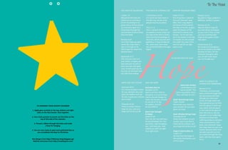 To The Point
The Hope of Salvation

THE HOPE OF ETERNAL LIFE

hope IN TROUBLED TIMES

1 Peter 1:3
Blessed be the God and
Father of our Lord Jesus
Christ! According to his
great mercy, he has caused
us to be born again to a
living hope through the
resurrection of Jesus Christ
from the dead.

1 Corinthians 15:19
If in Christ we have hope in
this life only, we are of all
people most to be pitied.

Psalm 27:4-5
One thing have I asked of
the Lord, that will I seek
after: that I may dwell in
the house of the Lord all
the days of my life, to gaze
upon the beauty of the
Lord and to inquire in his
temple. For he will hide
me in his shelter in the day
of trouble; he will conceal
me under the cover of his
tent; he will lift me high
upon a rock.

Hope

Romans 8:24
For in this hope we were
saved. But hope that is
seen is no hope at all.
Who hopes for what they
already have?

Titus 1:1-2
Paul, a servant of God and
an apostle of Jesus Christ, for
the sake of the faith of God’s
elect and their knowledge of
the truth, which accords with
godliness, in hope of eternal
life, which God, who never
lies, promised before the ages
began

Zephaniah 3:17
The Lord your God is in
your midst, a mighty one
who will save; he will rejoice over you with gladness; he will quiet you by
his love; he will exult over
you with loud singing.

by PASTOR KHOO KAY HUAT

hope for the future

1. Apply glue carefully to the top, bottom and right
sides on the blue border. Glue together.
2. Use a hole puncher to punch out the holes on the
top of this side of the calender.
3. Thread a ribbon through the holes and make
a bow for hanging.
4. You are now ready to open each peforated box as
you countdown the days to Christmas.
Box designs from http://littletree-blog.blogspot.sg/
Nativity characters from http://madebyjoel.com/
28

WHY WE HOPE

Jeremiah 29:11
For I know the plans I have
for you, declares the Lord,
plans for welfare and not
for evil, to give you a future
and a hope.
TO ASSEMBLE YOUR ADVENT CALENDER

Romans 12:12
Be joyful in hope, patient in
affliction, faithful in prayer.

God Does Not Lie
Numbers 23:19
God is not man, that he
should lie, or a son of man,
that he should change his
mind. Has he said, and will
he not do it? Or has
he spoken, and will
he not fulfill it?

Proverbs 23:18
There is surely a future
hope for you, and your
hope will not be cut off.

God is Our Strength
& Helper
Isaiah 41:10
Fear not, for I am with you;
be not dismayed, for I am
your God; I will strengthen
you, I will help you, I will
uphold you with my righteous right hand.

God is Our Portion
Lamentations 3:24
I say to myself, "The
Lord is my portion; therefore I will wait for him."

God's Word Brings Hope
Psalm 119:49
Remember your word to
your servant, for you have
given me hope.

God's Wisdom Brings Hope
Proverbs 24:14
Know that wisdom is such
to your soul; if you find it,
there will be a future, and
your hope will not be cut off.
Hope in God Purifies Us
1 John 3:3
All who have this hope in
him purify themselves, just
as he is pure.

Romans 15:13
May the God of hope fill
you with all joy and peace
as you trust in him, so that
you may overflow with
hope by the power of the
Holy Spirit.
Deuteronmy 31:6
Be strong and courageous.
Do not be afraid or terrified
because of them, for the
Lord your God goes with
you; he will never leave
you nor forsake you."

Hope Is A Result Of
Character Formation

Romans 5:1-5
Therefore, since we have
been justified through faith,
we have peace with God
through our Lord Jesus
Christ, through whom we
have gained access by faith
into this grace in which we
now stand. And we boast
in the hope of the glory of
God. Not only so, but we
also glory in our sufferings,
because we know that
suffering produces perseverance; perseverance, character; and character, hope.
And hope does not put us to
shame, because God’s love
has been poured out into
our hearts through the Holy
Spirit, who has been given
to us.
29

 