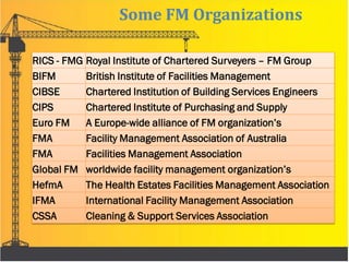 Some FM Organizations
RICS - FMG Royal Institute of Chartered Surveyers – FM Group
BIFM British Institute of Facilities Management
CIBSE Chartered Institution of Building Services Engineers
CIPS Chartered Institute of Purchasing and Supply
Euro FM A Europe-wide alliance of FM organization’s
FMA Facility Management Association of Australia
FMA Facilities Management Association
Global FM worldwide facility management organization’s
HefmA The Health Estates Facilities Management Association
IFMA International Facility Management Association
CSSA Cleaning & Support Services Association
 