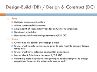 Design-Build (DB) / Design & Construct (DC)
 Pros
 Multiple procurement options
 Allows constructability review
 Single point of responsibility (as far as Owner is concerned)
 Shortened scheduled
 Non-adversarial relationship between A/E & GC
 Cons
 Owner has less control over design details
 Owner must clearly define scope prior to entering into contract (scope
creep risk)
 Owner must have extensive construction experience
 Loss of check & balance between A/E & GC
 Potentially more expensive since pricing is established prior to design
completion, however, the adverse is true as well!
122
 