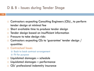 D & B - Issues during Tender Stage
 Contractors expecting Consulting Engineers (CEs) , to perform
tender design at minimal fee
 Short available time to produce tender design
 Tender design based on insufficient information
 Pressure to take design risks
 Contractors expecting CEs to „guarantee‟ tender design /
quantities
 Contractual Issues
 Back to back contract arrangement
 Fit for purpose
 Liquidated damages – schedule
 Liquidated damages – performance
 CEs‟ professional indemnity insurance
123
 