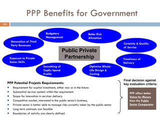 PPP Benefits for Government
Budgetary
Management
Exposure to Private
Sector Skills
Smoothing of
CapEx Spend
Profile
Public Private
Partnership
Certainty & Quality
of Service
Timeliness of
Delivery
Optimise Whole-
Life Design &
Costing
Better Risk
Allocation
Generation of Third
Party Revenues
PPP Potential Projects Requirements:
 Requirement for capital investment, either now or in the future
 Substantial service content within the requirement
 Scope for innovation in services delivery
 Competitive market, interested in the public sector‟s business,
 Private sector is better able to manage risks currently taken by the public sector
 Long term contracts are feasible
 Boundaries of activity are clearly defined
Final decision against
key evaluation criteria:
PPP offers better
Value for Money
than the Public
Sector Comparator
132
 