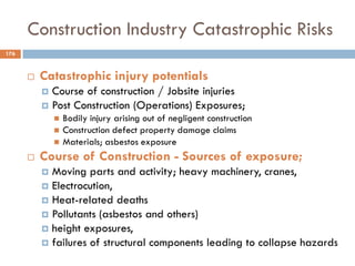 Construction Industry Catastrophic Risks
 Catastrophic injury potentials
 Course of construction / Jobsite injuries
 Post Construction (Operations) Exposures;
 Bodily injury arising out of negligent construction
 Construction defect property damage claims
 Materials; asbestos exposure
 Course of Construction - Sources of exposure;
 Moving parts and activity; heavy machinery, cranes,
 Electrocution,
 Heat-related deaths
 Pollutants (asbestos and others)
 height exposures,
 failures of structural components leading to collapse hazards
176
 