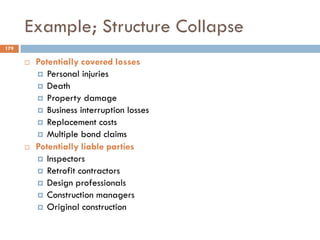 Example; Structure Collapse
 Potentially covered losses
 Personal injuries
 Death
 Property damage
 Business interruption losses
 Replacement costs
 Multiple bond claims
 Potentially liable parties
 Inspectors
 Retrofit contractors
 Design professionals
 Construction managers
 Original construction
179
 