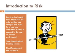Introduction to Risk
Construction industry
must accept that the
risks profiles has
changed and must
form new and
innovative models to
succeed in the new
un certain
environment
Your Organization‟s
Risk Experience.
Risk Management
and Insurance
28
 