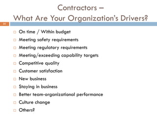 Contractors –
What Are Your Organization‟s Drivers?
 On time / Within budget
 Meeting safety requirements
 Meeting regulatory requirements
 Meeting/exceeding capability targets
 Competitive quality
 Customer satisfaction
 New business
 Staying in business
 Better team‐organizational performance
 Culture change
 Others?
31
 