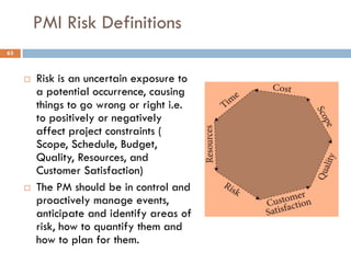 PMI Risk Definitions
 Risk is an uncertain exposure to
a potential occurrence, causing
things to go wrong or right i.e.
to positively or negatively
affect project constraints (
Scope, Schedule, Budget,
Quality, Resources, and
Customer Satisfaction)
 The PM should be in control and
proactively manage events,
anticipate and identify areas of
risk, how to quantify them and
how to plan for them.
63
 