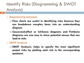 Identify Risks (Diagramming & SWOT
Analysis)
 Diagramming technique
 Flow charts are useful in identifying risks because they
can breakdown complex items into an understanding
diagram
 Cause-and-effect or Ishikawa diagrams and Fishbone
diagrams are one way to show potential causes that can
lead to risks
 SWOT Analysis
 SWOT Analysis, helps to specify the most significant
project risks by plotting each risk in the corresponding
quadrant.
67
 