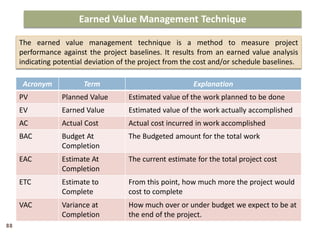Earned Value Management Technique
The earned value management technique is a method to measure project
performance against the project baselines. It results from an earned value analysis
indicating potential deviation of the project from the cost and/or schedule baselines.
Acronym Term Explanation
PV Planned Value Estimated value of the work planned to be done
EV Earned Value Estimated value of the work actually accomplished
AC Actual Cost Actual cost incurred in work accomplished
BAC Budget At
Completion
The Budgeted amount for the total work
EAC Estimate At
Completion
The current estimate for the total project cost
ETC Estimate to
Complete
From this point, how much more the project would
cost to complete
VAC Variance at
Completion
How much over or under budget we expect to be at
the end of the project.
88
 