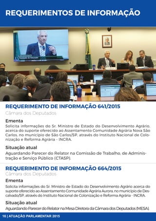 REQUERIMENTO DE INFORMAÇÃO 641/2015
REQUERIMENTO DE INFORMAÇÃO 664/2015
Câmara dos Deputados
Câmara dos Deputados
Ementa
Ementa
Situação atual
Situação atual
Solicita informações do Sr. Ministro de Estado do Desenvolvimento Agrário,
acerca do suporte oferecido ao Assentamento Comunidade Agrária Nova São
Carlos, no município de São Carlos/SP, através do Instituto Nacional de Colo-
nização e Reforma Agrária - INCRA.
Solicita informações do Sr. Ministro de Estado do Desenvolvimento Agrário acerca do
suporte oferecido ao Assentamento Comunidade Agrária Aurora, no município de Des-
calvado/SP, através do Instituto Nacional de Colonização e Reforma Agrária - INCRA.
Aguardando Parecer do Relator na Comissão de Trabalho, de Adminis-
tração e Serviço Público (CTASP).
AguardandoParecerdoRelatornaMesaDiretoradaCâmaradosDeputados(MESA).
REQUERIMENTOS DE INFORMAÇÃO
16 | ATUAÇÃO PARLAMENTAR 2015
 