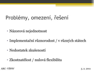 Problémy, omezení, řešení Názorová nejednotnost Implementační různorodost / v různých státech Nedostatek zkušeností Zkostnatělost / nulová flexibilita ARC- VŠPSV 5. 2. 2011 