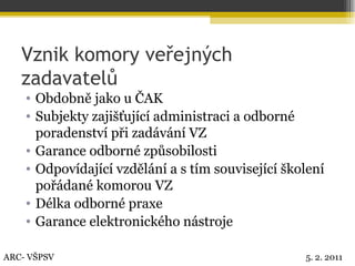Vznik komory veřejných zadavatelů Obdobně jako u ČAK Subjekty zajišťující administraci a odborné poradenství při zadávání VZ Garance odborné způsobilosti Odpovídající vzdělání a s tím související školení pořádané komorou VZ Délka odborné praxe Garance elektronického nástroje ARC- VŠPSV 5. 2. 2011 