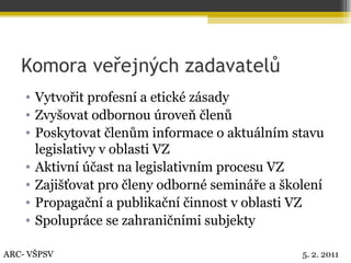 Komora veřejných zadavatelů Vytvořit profesní a etické zásady Zvyšovat odbornou úroveň členů Poskytovat členům informace o aktuálním stavu legislativy v oblasti VZ Aktivní účast na legislativním procesu VZ Zajišťovat pro členy odborné semináře a školení Propagační a publikační činnost v oblasti VZ Spolupráce se zahraničními subjekty ARC- VŠPSV 5. 2. 2011 