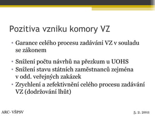 Pozitiva vzniku komory VZ Garance celého procesu zadávání VZ v souladu se zákonem Snížení počtu návrhů na přezkum u UOHS Snížení stavu státních zaměstnanců zejména  v odd. veřejných zakázek Zrychlení a zefektivnění celého procesu zadávání VZ (dodržování lhůt) ARC- VŠPSV 5. 2. 2011 