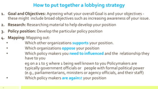 How to put together a lobbying strategy
1. Goal and Objectives: Agreeing what your overall Goal is and your objectives -
these might include broad objectives such as increasing awareness of your issue.
2. Research: Researching material to help develop your position
3. Policy position: Develop the particular policy position
4. Mapping: Mapping out:
• Which other organizations supports your position.
• Which organizations oppose your position
• Which policy makers you need to influenced and the relationship they
have to you
eg on a 1 to 5 where 1 being well known to you Policymakers are
typically government officials or people with formal political power
(e.g., parliamentarians, ministers or agency officials, and their staff)
• Which policy makers are against your position
24
 