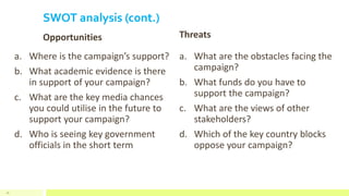 SWOT analysis (cont.)
Opportunities
a. Where is the campaign’s support?
b. What academic evidence is there
in support of your campaign?
c. What are the key media chances
you could utilise in the future to
support your campaign?
d. Who is seeing key government
officials in the short term
Threats
a. What are the obstacles facing the
campaign?
b. What funds do you have to
support the campaign?
c. What are the views of other
stakeholders?
d. Which of the key country blocks
oppose your campaign?
26
 