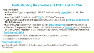 Understanding the countries, ECOSOC and the PGA
• Regional Blocks
• Africa (chair Egypt 2015-17) (54) UNGA President 4 and 9 Uganda (2014) Mr. Sam
Kutesa
• Asia (53) UNGA President 1 and 6) Fiji (2016) PeterThompson
• Latin America and the Caribbean (33) UNGA President 3 and 8 Antigua and Barbuda
Mr. JohnW. Ashe
• Eastern Europe (23) UNGA President 2 and 7 Slovak Republic(2017) Miroslav Lajčák
• Western Europe and Other Group (28) UNGA President 05 – Denmark (2015) President
of the ECOSOC President is Czech Republic to the UN, Ambassador Marie Chatardová
Presidents of UNGA
• 2019 preparations for Heads of State HLPF (Africa) South Africa??? Ghana??
• 2020 actual Heads of State HLPF (Europe)
President of ECOSOC
Vice-President of ECOSOC: H. E. Ambassador Inga Rhonda King (SaintVincent and the
Grenadines)??
33
 