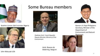 Some Bureau members
38
Vladislav Smrž Czech Republic
Deputy Minister, Ministry of the
Environment
John Matusak USA
Ibrahim Usman Jibril minister Nigeria Ramon J.P. Paje Philippiens
Secretary, Minister of the
Department of
Environment and Natural
Resources,
Amb. Roxane de
Bilderling Belgium
 