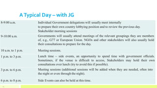 ATypical Day – with JG
8-9:00 a.m. Individual Government delegations will usually meet internally
to prepare their own country lobbying position and to review the previous day.
Stakeholder morning sessions
9-10:00 a.m. Governments will usually attend meetings of the relevant groupings they are members
of, e.g., G77 or European Union. NGOs and other stakeholders will also usually hold
their consultations to prepare for the day.
10 a.m. to 1 p.m. Meeting sessions.
1 p.m. to 3 p.m. Lunch time – side events, an opportunity to spend time with government ofﬁcials.
Sometimes, if the venue is difﬁcult to access, Stakeholders may hold their own
consultations over lunch (try to avoid this if possible).
3 p.m. to 6 p.m. Meeting sessions (additional sessions will be added when they are needed, often into
the night or even through the night).
6 p.m. to 8 p.m. Side Events can also be held at this time.
40
 