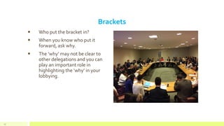 Brackets
 Who put the bracket in?
 When you know who put it
forward, ask why.
 The ‘why’ may not be clear to
other delegations and you can
play an important role in
highlighting the ‘why’ in your
lobbying.
43
 