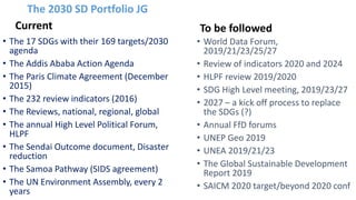 The 2030 SD Portfolio JG
Current
• The 17 SDGs with their 169 targets/2030
agenda
• The Addis Ababa Action Agenda
• The Paris Climate Agreement (December
2015)
• The 232 review indicators (2016)
• The Reviews, national, regional, global
• The annual High Level Political Forum,
HLPF
• The Sendai Outcome document, Disaster
reduction
• The Samoa Pathway (SIDS agreement)
• The UN Environment Assembly, every 2
years
To be followed
• World Data Forum,
2019/21/23/25/27
• Review of indicators 2020 and 2024
• HLPF review 2019/2020
• SDG High Level meeting, 2019/23/27
• 2027 – a kick off process to replace
the SDGs (?)
• Annual FfD forums
• UNEP Geo 2019
• UNEA 2019/21/23
• The Global Sustainable Development
Report 2019
• SAICM 2020 target/beyond 2020 conf
 