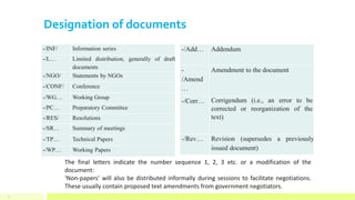 Designation of documents
-/INF/ Information series
-/L… Limited distribution, generally of draft
documents
-/NGO/ Statements by NGOs
-/CONF/ Conference
-/WG… Working Group
-/PC… Preparatory Committee
-/RES/ Resolutions
-/SR… Summary of meetings
-/TP… Technical Papers
-/WP… Working Papers
-/Add… Addendum
-
/Amend
…
Amendment to the document
-/Corr… Corrigendum (i.e., an error to be
corrected or reorganization of the
text)
-/Rev… Revision (supersedes a previously
issued document)
7
The final letters indicate the number sequence 1, 2, 3 etc. or a modification of the
document:
‘Non-papers’ will also be distributed informally during sessions to facilitate negotiations.
These usually contain proposed text amendments from government negotiators.
 