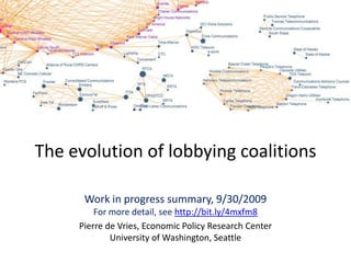 The evolution of lobbying coalitions Work in progress summary, 9/30/2009For more detail, see http://bit.ly/4mxfm8 Pierre de Vries, Economic Policy Research CenterUniversity of Washington, Seattle 