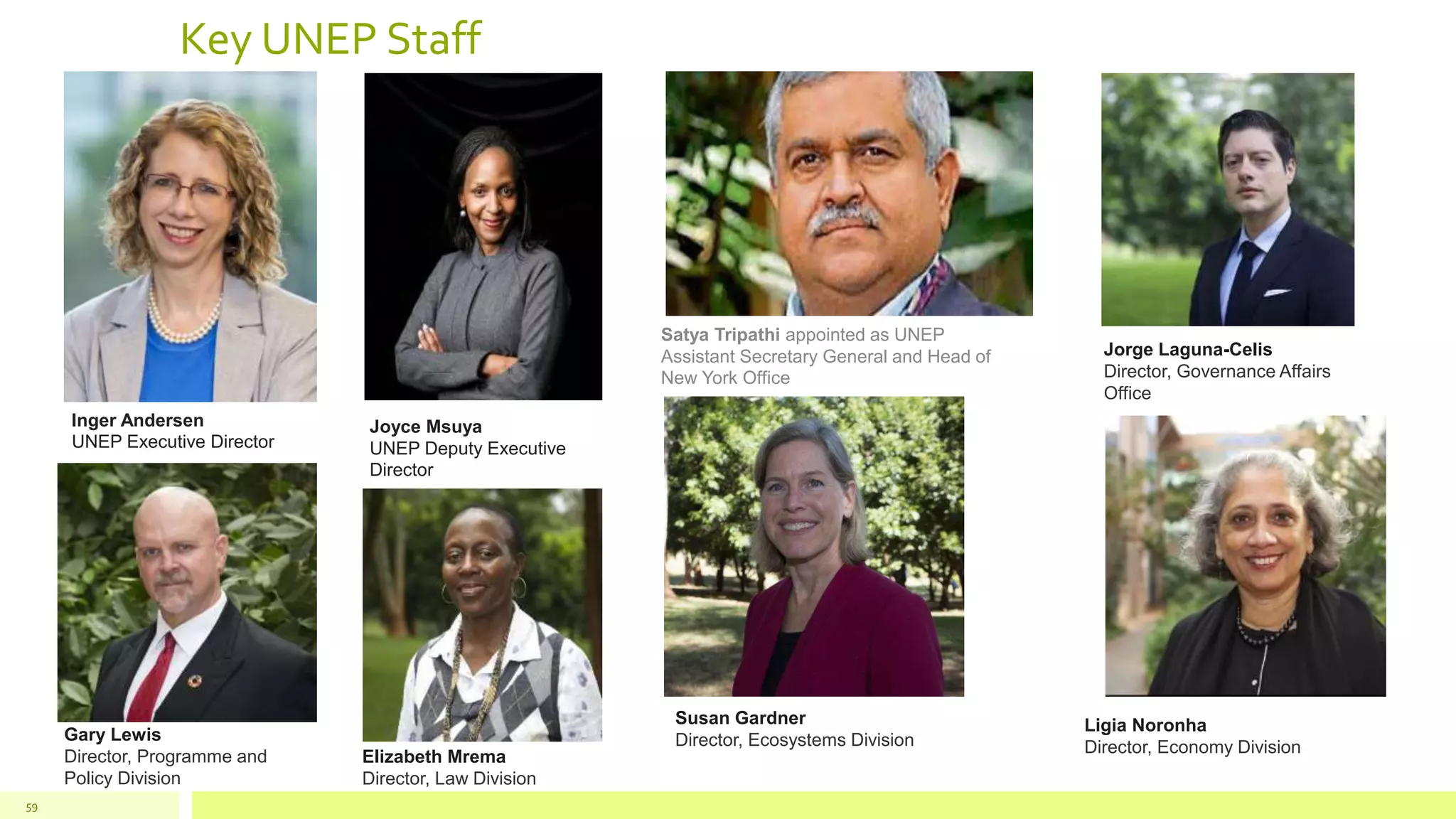 Key UNEP Staff
59
Joyce Msuya
UNEP Deputy Executive
Director
Inger Andersen
UNEP Executive Director
Satya Tripathi appointed as UNEP
Assistant Secretary General and Head of
New York Office
Jorge Laguna-Celis
Director, Governance Affairs
Office
Gary Lewis
Director, Programme and
Policy Division
Elizabeth Mrema
Director, Law Division
Susan Gardner
Director, Ecosystems Division
Ligia Noronha
Director, Economy Division
 