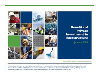 Beneﬁts of
                                                                                                                            Private
                                                                                                                     Investment in
                                                                                                                     Infrastructure
                                                                                                                                       January 2009




                                                                                                                 Note: All dollar ﬁgures are measured in today’s terms


This summary of information was created by Kearsarge Global Advisors in coordination with Abertis, Babcock & Brown, Barclays Capital, Carlyle Infrastructure
Partners, Chadbourne & Parke LLP, Citi Infrastructure Investors (CII), Credit Suisse, Debevoise & Plimpton, Freshﬁelds Bruckhaus Deringer, Fulbright & Jaworski,
Mayer Brown, McKenna Long & Aldridge LLP, Merrill Lynch, Morgan Stanley, RREEF, RBC Capital Markets, Scotia Capital, and UBS.
 
