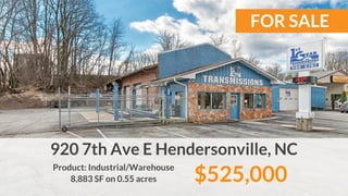 FOR LEASE
902 Fleming St, Hendersonville, NC
Product: Retail/Office
2,100 SF $13.00/SF NNN
 