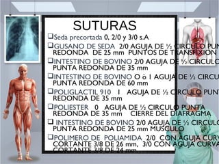 SUTURAS
Seda precortada 0, 2/0 y 3/0 s.A
GUSANO DE SEDA 2/0 AGUJA DE ½ CIRCULO PUN
REDONDA DE 25 mm PUNTOS DE TRANSFIXION
INTESTINO DE BOVINO 2/0 AGUJA DE ½ CIRCULO
PUNTA REDONDA DE 35 mm
INTESTINO DE BOVINO O ò 1 AGUJA DE ½ CIRCU
PUNTA REDONDA DE 60 mm
POLIGLACTIL 910 1 AGUJA DE ½ CIRCULO PUNT
REDONDA DE 35 mm
POLIESTER 0 AGUJA DE ½ CIRCULO PUNTA
REDONDA DE 35 mm CIERRE DEL DIAFRAGMA
 INTESTINO DE BOVINO 2/0 AGUJA DE ½ CIRCULO
PUNTA REDONDA DE 25 mm MUSCULO
POLIMERO DE POLIAMIDA 2/0 CON AGUJA CURV
CORTANTE 3/8 DE 26 mm, 3/0 CON AGUJA CURVA
CORTANTE 3/8 DE 24 mm.
 