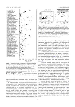 Environ. Res. Lett. 3 (2008) 034007                                                                                       D B Lobell and M B Burke




                                                                            Figure 3. The relationship between the R 2 of the statistical crop
                                                                            model in each of 94 crop–region combinations and (a) the inferred
                                                                            sensitivity of crop production to precipitation, expressed as % change
                                                                            in production for each % change in precipitation, and (b) the fraction
                                                                            of total variance attributed to temperature related factors in
                                                                            equation (2). Models with higher R 2 tend to have greater sensitivity
                                                                            to precipitation and a more important contribution from rainfall to
                                                                            uncertainty in future impacts, although the role of temperature is still
                                                                            signiﬁcant for several models with R 2 above 0.4.



                                                                            in equation (1) was replaced with monthly precipitation for
                                                                            each month in the growing season and a new regression was
                                                                            computed. While the model R 2 improved in nearly all cases,
                                                                            the improvement in most cases was no more than expected
                                                                            by chance when adding additional predictors (ﬁve additional
                                                                            predictors in the case of a six month growing season), as judged
                                                                            by the adjusted R 2 (ﬁgure 2).
                                                                                 Another possible source of error is omission of important
                                                                            interactions between temperature and rainfall. To test this, a
                                                                            term was added to equation (1) to represent the interaction of
                                                                            precipitation and temperature [20]. Again, the R 2 increased in
                                                                            some cases (particularly in the case of South Asia rapeseeds),
                                                                            but overall the models were not substantially improved
                                                                            (ﬁgure 2).
                                                                                 The results therefore appear relatively insensitive to the
Figure 2. Summary of model ﬁts to historical crop production and
growing season climatic data for crop–region combinations, ranked
                                                                            speciﬁcation of monthly rainfall or interactions in the model.
by a measure of importance to global food security: model adjusted          Other sources of uncertainty are more difﬁcult to directly
R 2 for original model (solid black), model with monthly                    evaluate, such as those that arise from spatial aggregation over
precipitation (open black), and model with temperature–rainfall             diverse climates within mountainous countries such as Kenya
interaction term (gray). Adjusted R 2 accounts for the larger number        and Tanzania, and those that arise from rainfall at sub-monthly
of predictors when using monthly precipitation, which will tend to
inﬂate the unadjusted R 2 . (Adjusted                                       timescales. One indication that estimates of E[β P ] may be
R 2 = 1 − (1 − R 2 )∗ (n − 1)/(n − p − 1), where n is total number of       biased toward zero is that models with higher R 2 tended to
observations and p is number of predictors.)                                have higher values of E[β P ] (ﬁgure 3(a)). These models also
                                                                            tended to have a greater contribution of precipitation to total
                                                                            uncertainty, although uncertainties for many models with high
represent a fairly small component of total uncertainty (see                R 2 were still dominated by temperature (ﬁgure 3(b)).
below).                                                                          A more thorough sensitivity analysis of equation (2)
     In addition to errors in estimates of climate uncertainties,           was conducted to evaluate how far off the estimates of each
our estimates of crop responses and their uncertainties are                 variable in equation (2) could be before the results qualitatively
prone to errors that could potentially bias the results. First,             changed. The empirical distributions of each variable across all
one could argue that the importance of rainfall to crops (β P )             94 crop–region combinations are illustrated in ﬁgure 4, with
relative to temperature is underestimated by using region and               the median value indicated by the thin vertical line. A two-
growing season averages. For example, it is possible that                   at-a-time sensitivity analysis was conducted based on these
rainfall during critical stages of crop growth is both more                 distributions, with each term in equation (2) computed as
important than, and poorly correlated with, average growing                 two variables were systematically varied across the range of
season rainfall. To test the importance of the intra-seasonal               observed values, holding all other variables at their median
temporal distribution of rainfall, the average precipitation term           value.

                                                                        4
 