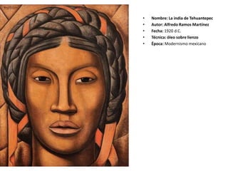• Nombre: La india de Tehuantepec
• Autor: Alfredo Ramos Martínez
• Fecha: 1920 d.C.
• Técnica: óleo sobre lienzo
• Época: Modernismo mexicano
 