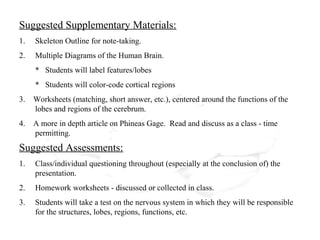 Suggested Supplementary Materials:
1.   Skeleton Outline for note-taking.
2.   Multiple Diagrams of the Human Brain.
     * Students will label features/lobes
     * Students will color-code cortical regions
3.   Worksheets (matching, short answer, etc.), centered around the functions of the
     lobes and regions of the cerebrum.
4.   A more in depth article on Phineas Gage. Read and discuss as a class - time
     permitting.
Suggested Assessments:
1.   Class/individual questioning throughout (especially at the conclusion of) the
     presentation.
2.   Homework worksheets - discussed or collected in class.
3.   Students will take a test on the nervous system in which they will be responsible
     for the structures, lobes, regions, functions, etc.
 
